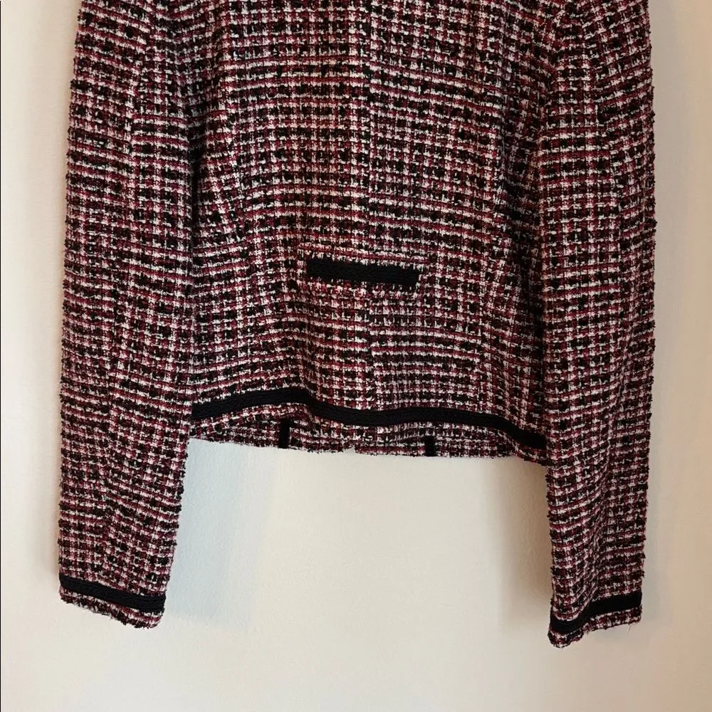 Mango Tweed cropped boxy Black red white full zip Blazer suit jacket women 8 EUC